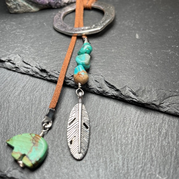 Turquoise Feather Pendant Lariat Necklace - Picture 3 of 7